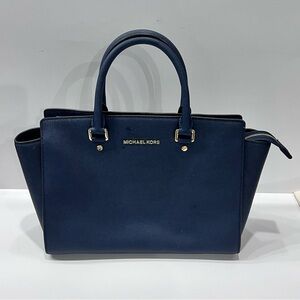 Beautiful MK Selma Saffiano Satchel Navy Blue EUC
